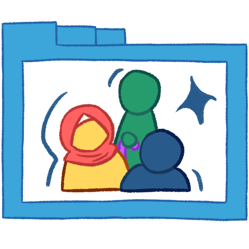 A hollow blue folder with thin lines, containing three busts of people at various heights. One is green, one is blue, and one is yellow. The green person is holding a purple cane and the yellow person is wearing a pink hijab. There are dark blue lines around the people and a large sparkle.